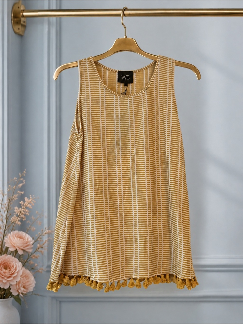 W5 Mustard & Cream Grid Tassel Hem Tank Small NWT